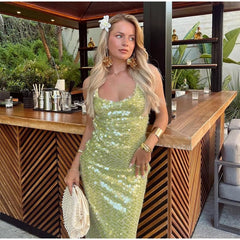 Elegant Pullover Backless Sequins Long Bodycon Maxi Dress