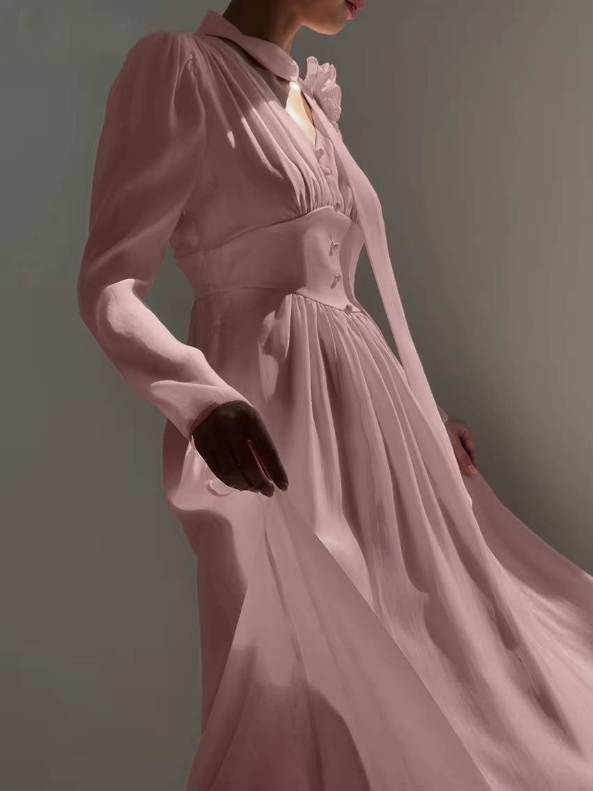 Elegant Pullover High Waist Pleated V-Neck Long Sleeve Midi Dress