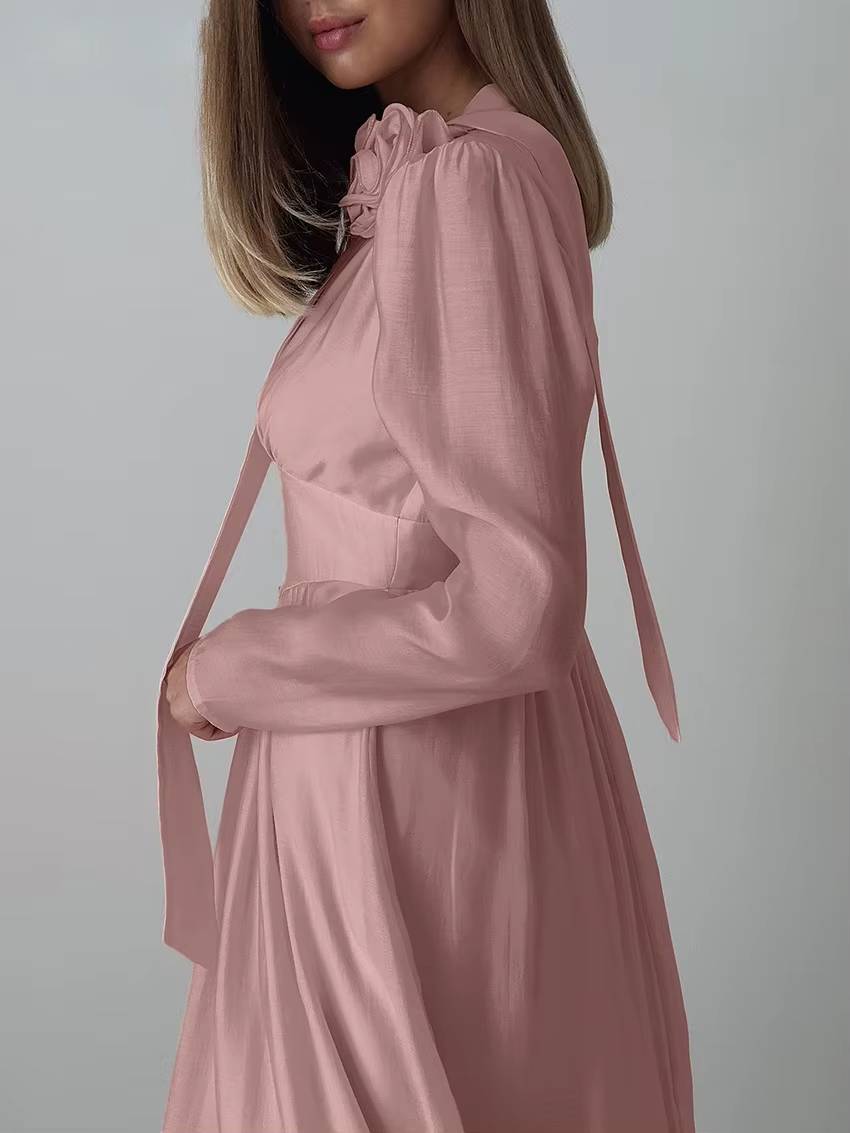 Elegant Pullover High Waist Pleated V-Neck Long Sleeve Midi Dress