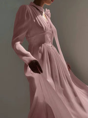 Elegant Pullover High Waist Pleated V-Neck Long Sleeve Midi Dress