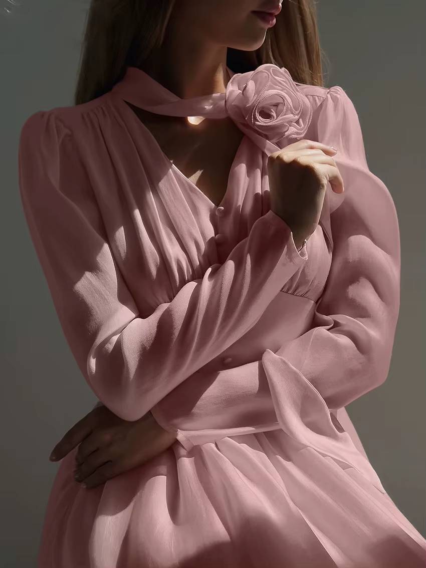 Elegant Pullover High Waist Pleated V-Neck Long Sleeve Midi Dress