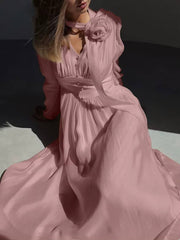 Elegant Pullover High Waist Pleated V-Neck Long Sleeve Midi Dress