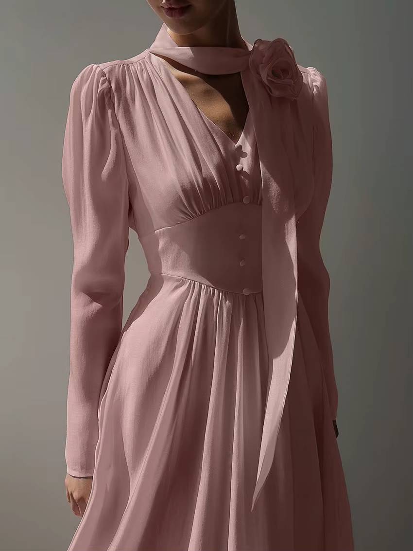 Elegant Pullover High Waist Pleated V-Neck Long Sleeve Midi Dress