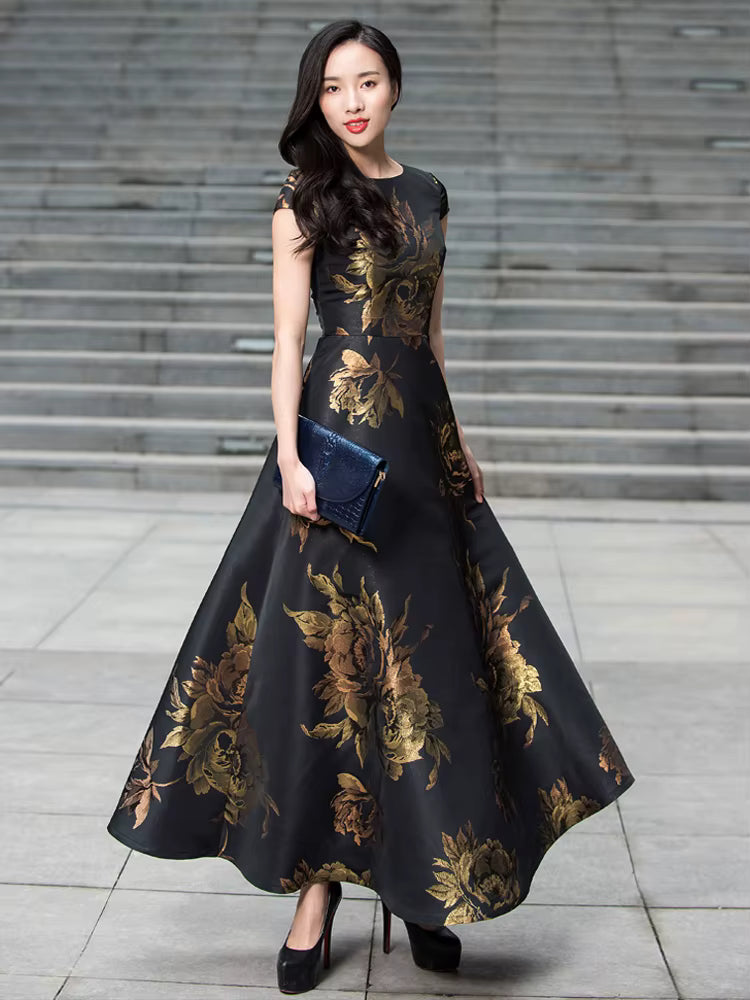 Elegant Pullover Jaquard Ankle-Length Floral Long Maxi Dress