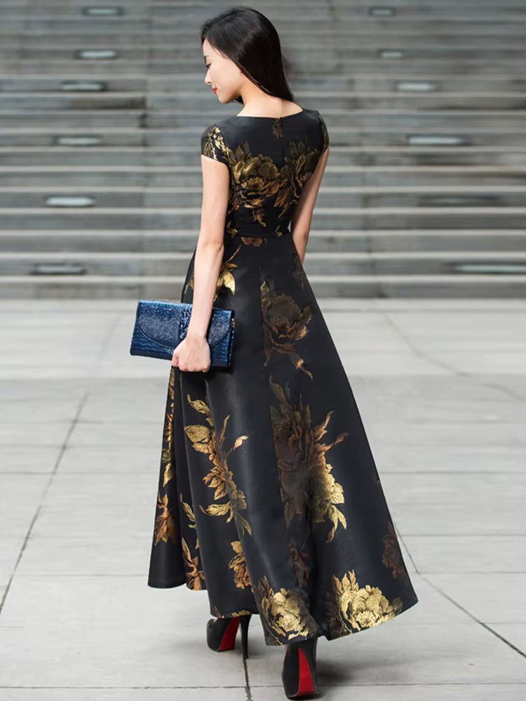 Elegant Pullover Jaquard Ankle-Length Floral Long Maxi Dress