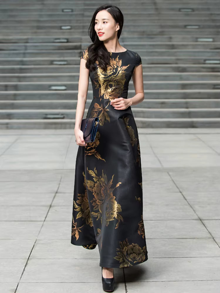 Elegant Pullover Jaquard Ankle-Length Floral Long Maxi Dress