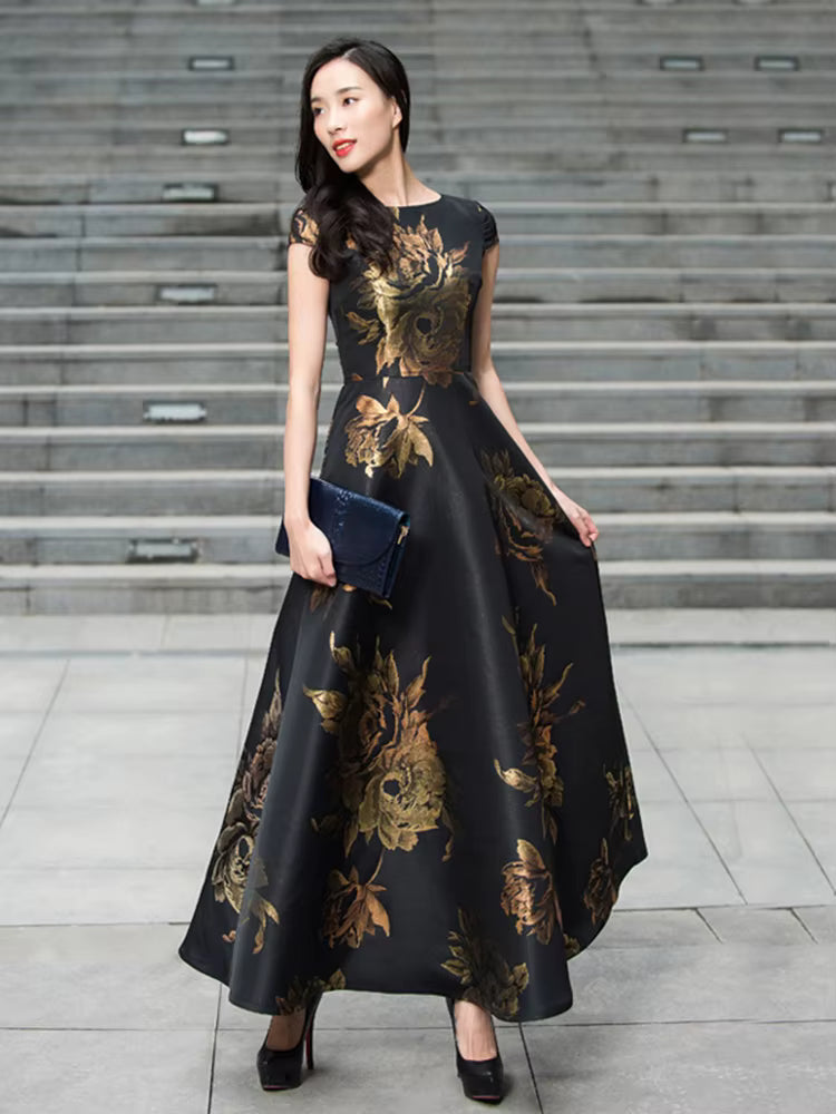Elegant Pullover Jaquard Ankle-Length Floral Long Maxi Dress
