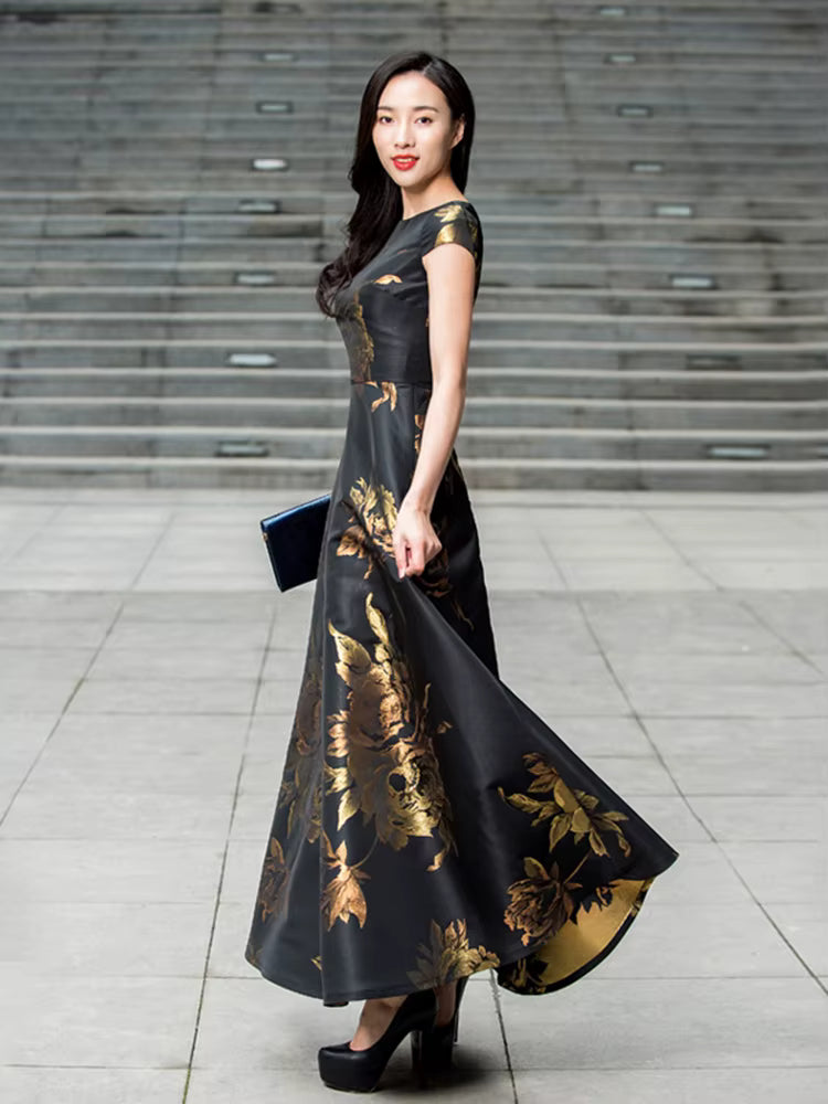 Elegant Pullover Jaquard Ankle-Length Floral Long Maxi Dress