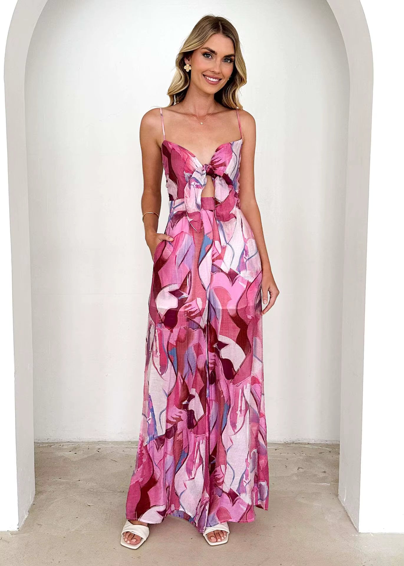Elegant Pullover Print Suspender Strap Bow Ankle-Length Loose Jumpsuit