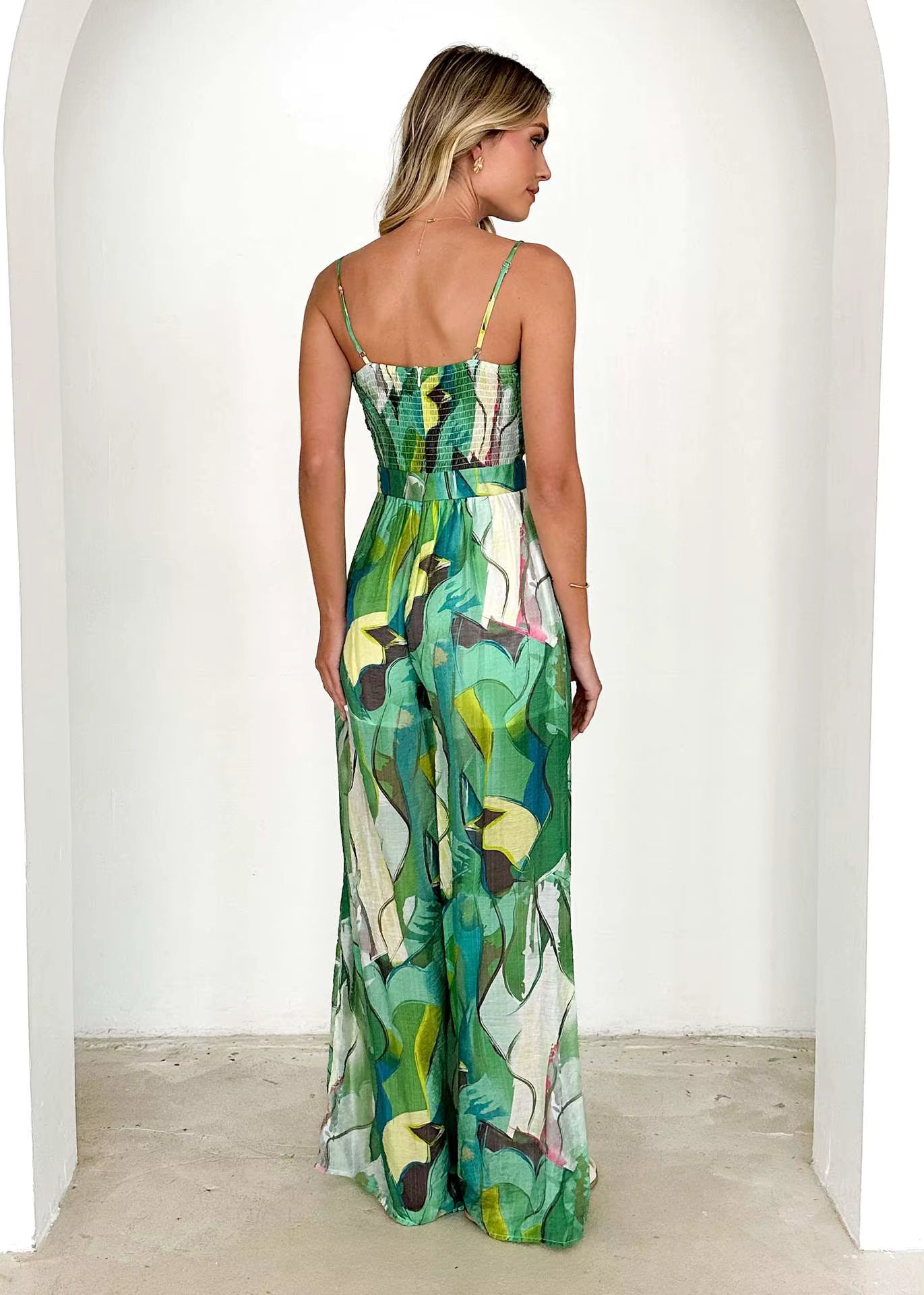 Elegant Pullover Print Suspender Strap Bow Ankle-Length Loose Jumpsuit