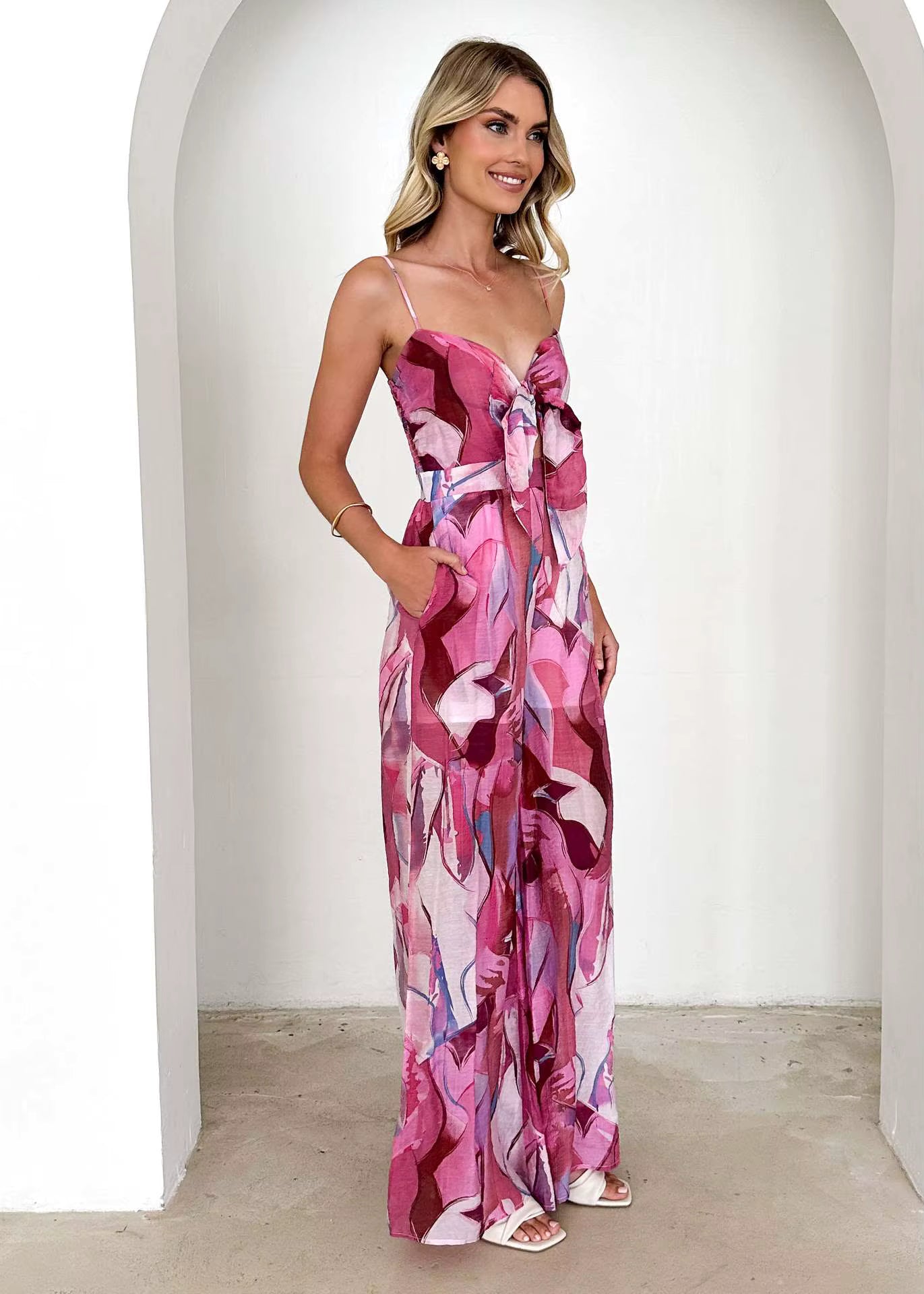 Elegant Pullover Print Suspender Strap Bow Ankle-Length Loose Jumpsuit