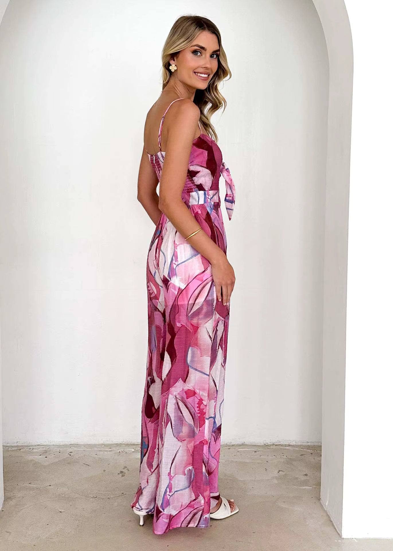 Elegant Pullover Print Suspender Strap Bow Ankle-Length Loose Jumpsuit