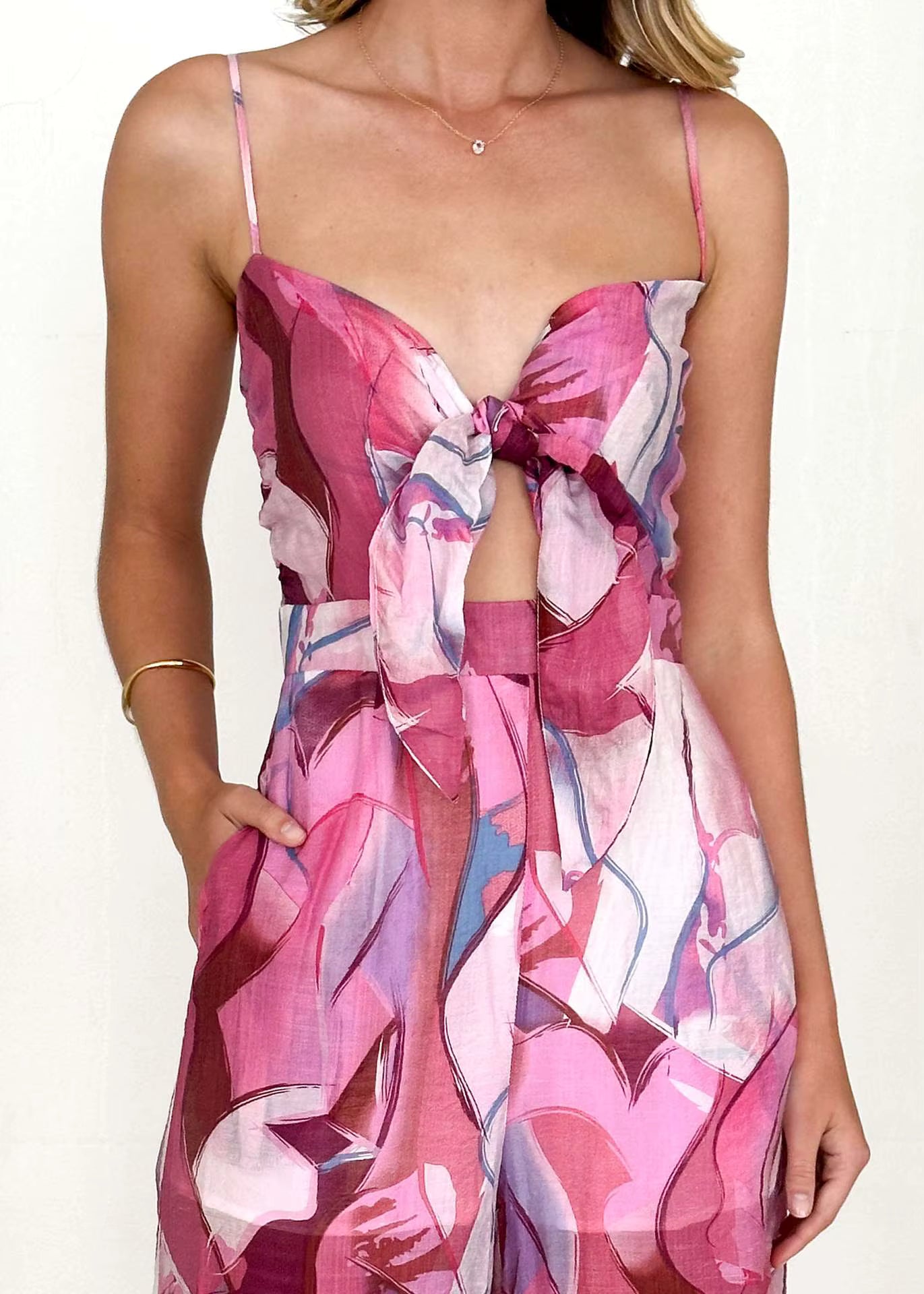 Elegant Pullover Print Suspender Strap Bow Ankle-Length Loose Jumpsuit