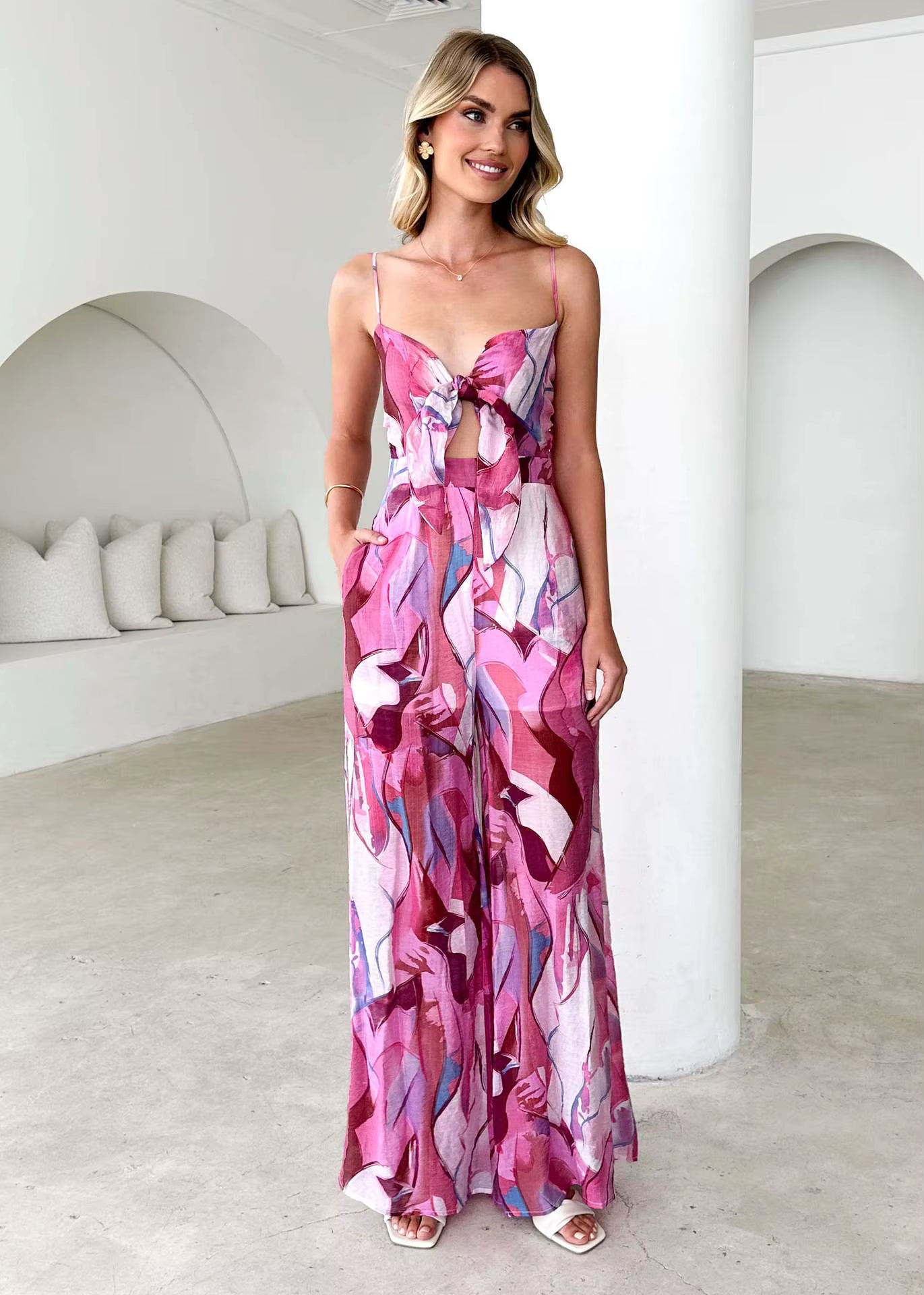 Elegant Pullover Print Suspender Strap Bow Ankle-Length Loose Jumpsuit