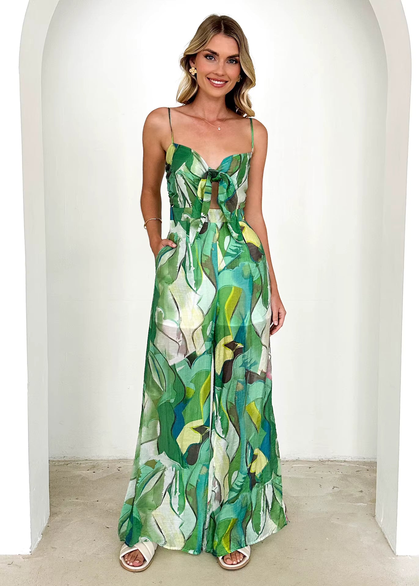 Elegant Pullover Print Suspender Strap Bow Ankle-Length Loose Jumpsuit