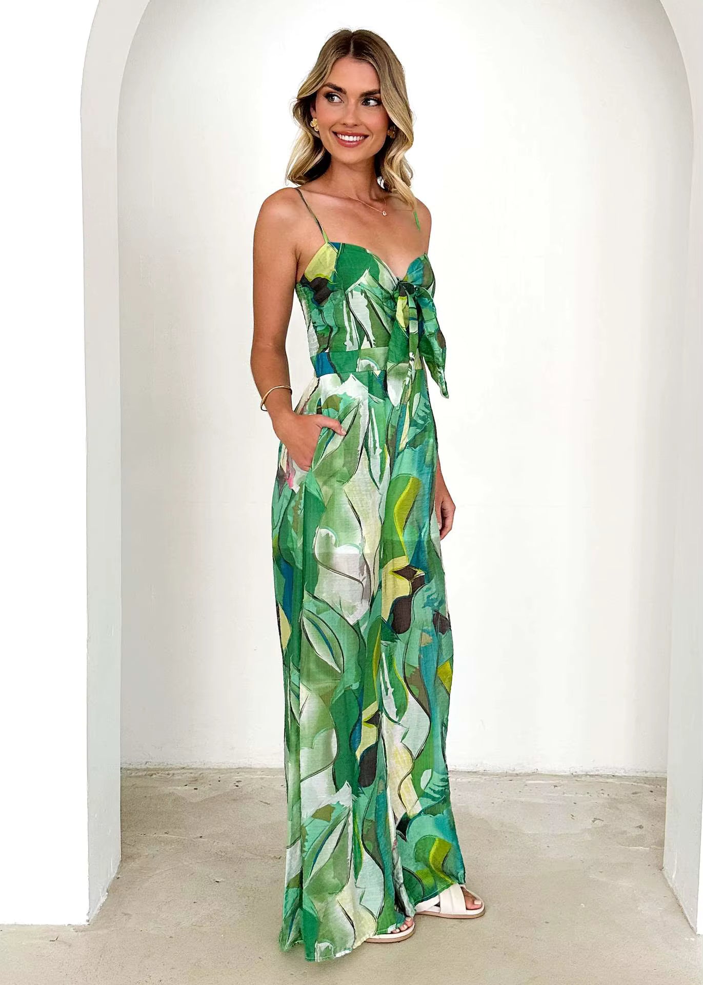 Elegant Pullover Print Suspender Strap Bow Ankle-Length Loose Jumpsuit