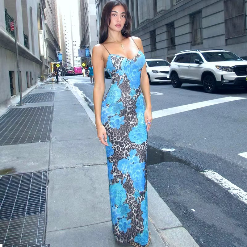 Elegant Pullover Print V-Neck Slips Backless Bodycon Maxi Dress