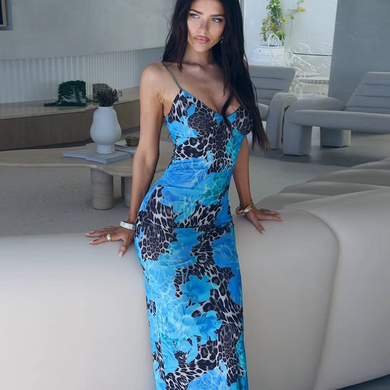 Elegant Pullover Print V-Neck Slips Backless Bodycon Maxi Dress