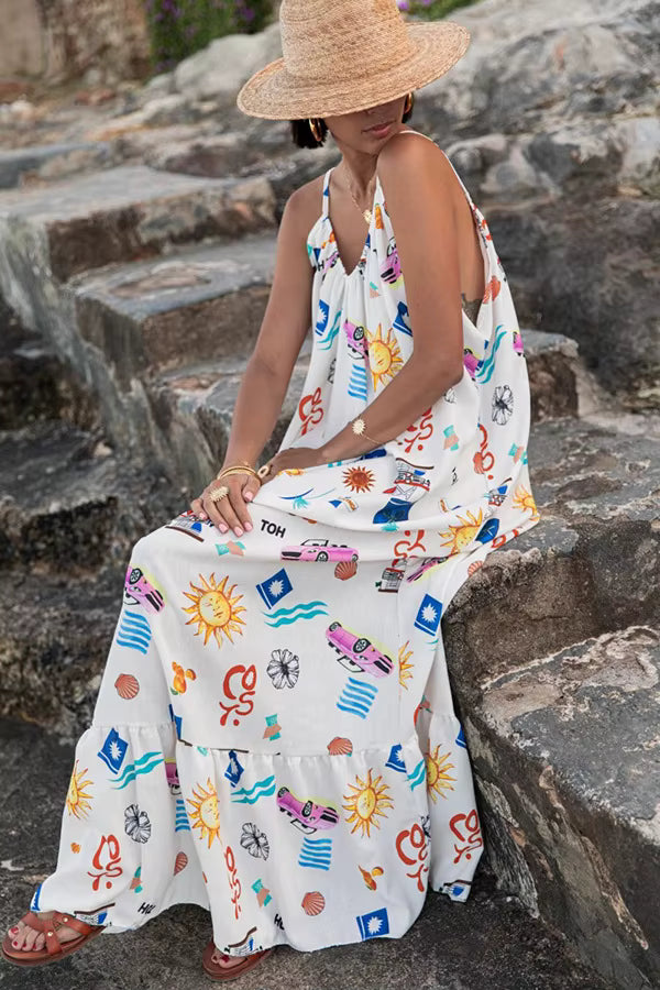 Elegant Pullover Printed V-neck Beach Style Sling Loose Maxi Dress
