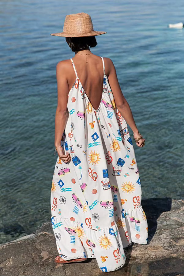 Elegant Pullover Printed V-neck Beach Style Sling Loose Maxi Dress