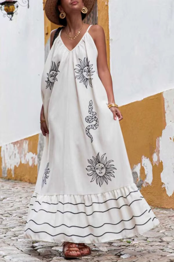 Elegant Pullover Printed V-neck Beach Style Sling Loose Maxi Dress