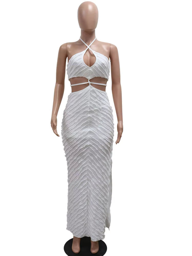 Elegant Pullover Split Hollow Out Ruffles Floor-Length Maxi Dress