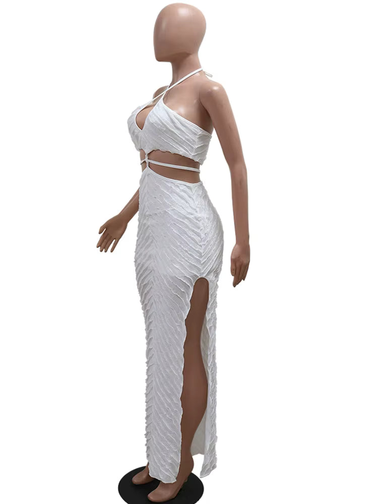 Elegant Pullover Split Hollow Out Ruffles Floor-Length Maxi Dress