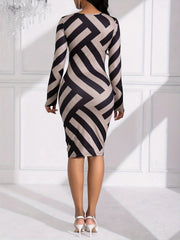 Elegant Pullover Stripe Knee-Length Medium Stretch Printed Dress