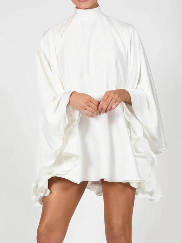 Elegant Pullover Turtleneck Long Ruffled Sleeves Pullover Backless Party Mini Dress