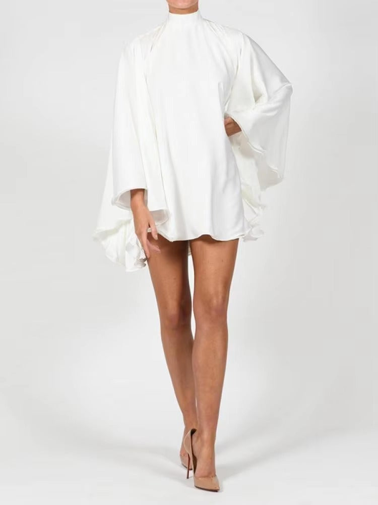 Elegant Pullover Turtleneck Long Ruffled Sleeves Pullover Backless Party Mini Dress