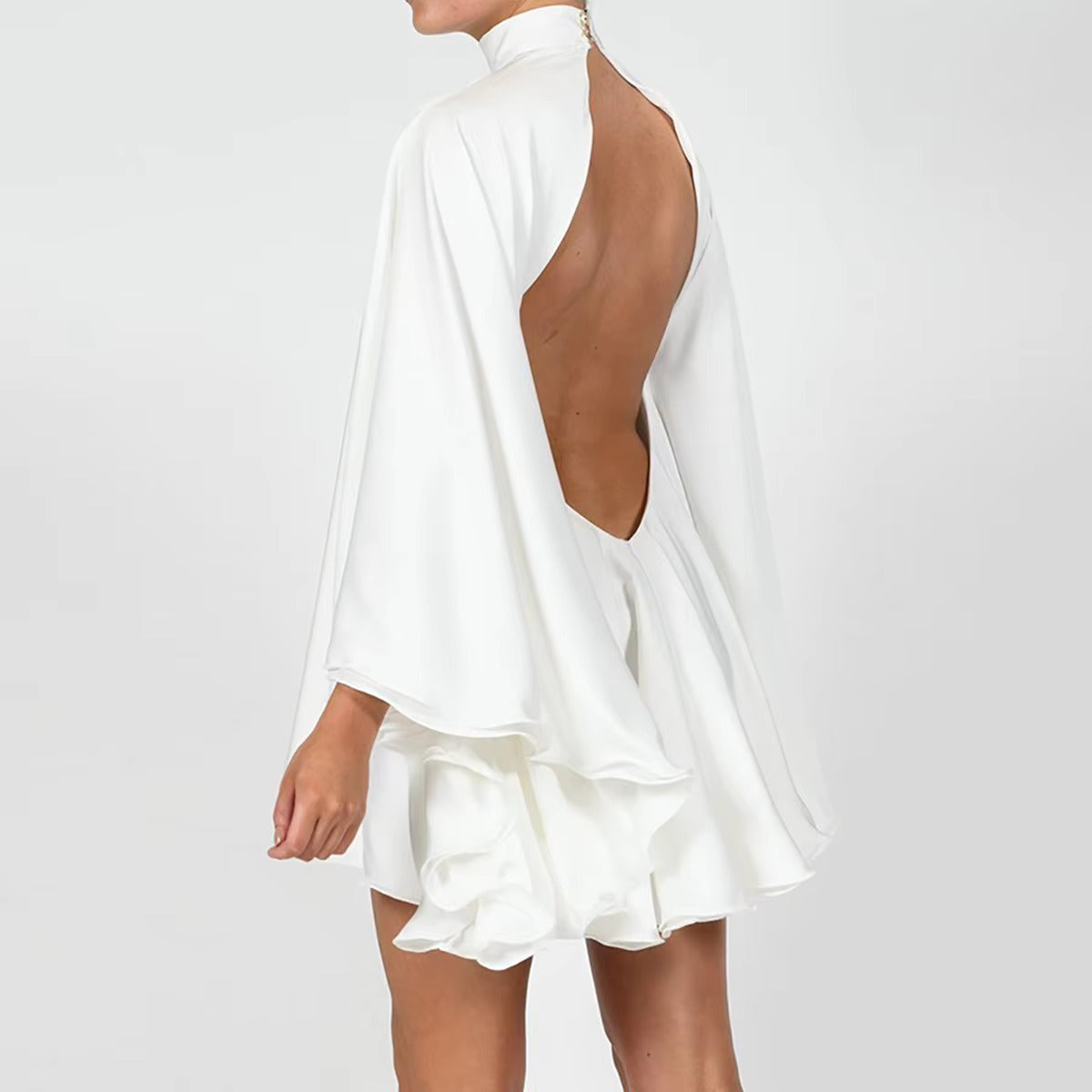 Elegant Pullover Turtleneck Long Ruffled Sleeves Pullover Backless Party Mini Dress