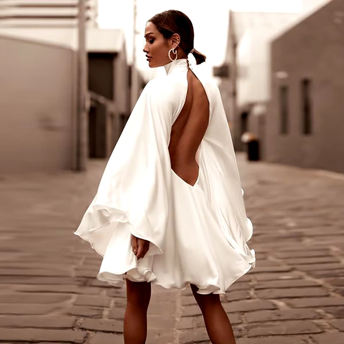 Elegant Pullover Turtleneck Long Ruffled Sleeves Pullover Backless Party Mini Dress