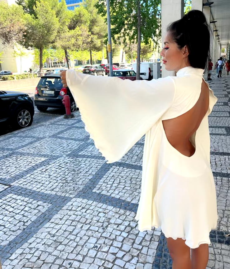 Elegant Pullover Turtleneck Long Ruffled Sleeves Pullover Backless Party Mini Dress