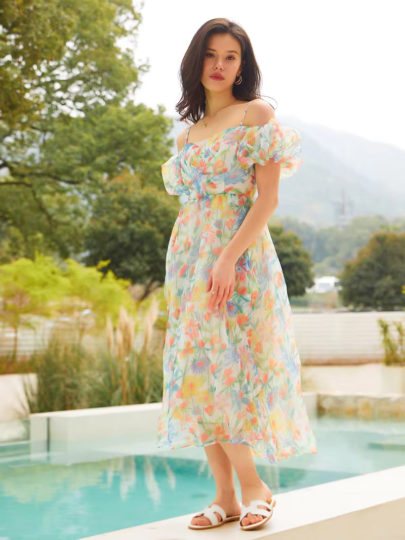 Elegant Rainbow Floral Bandage Beach Style Short Sleeve Boho Midi Sundress