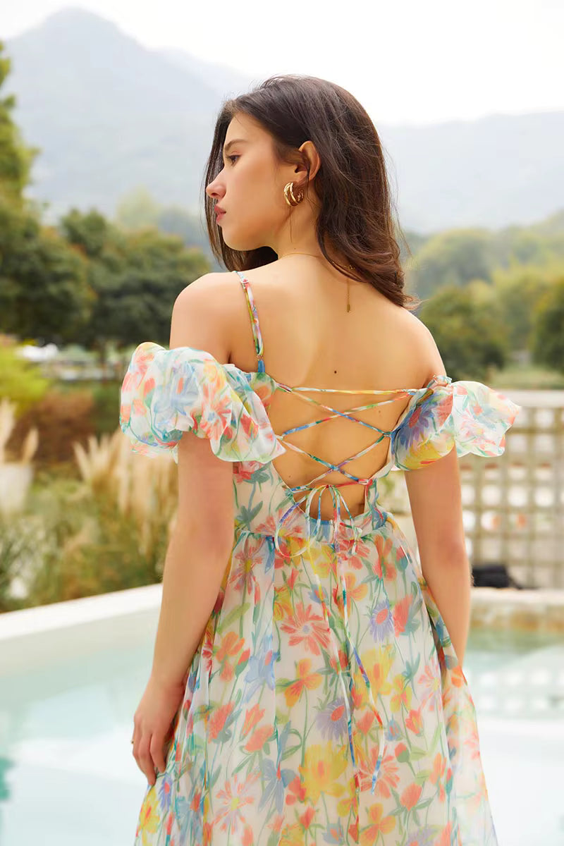 Elegant Rainbow Floral Bandage Beach Style Short Sleeve Boho Midi Sundress