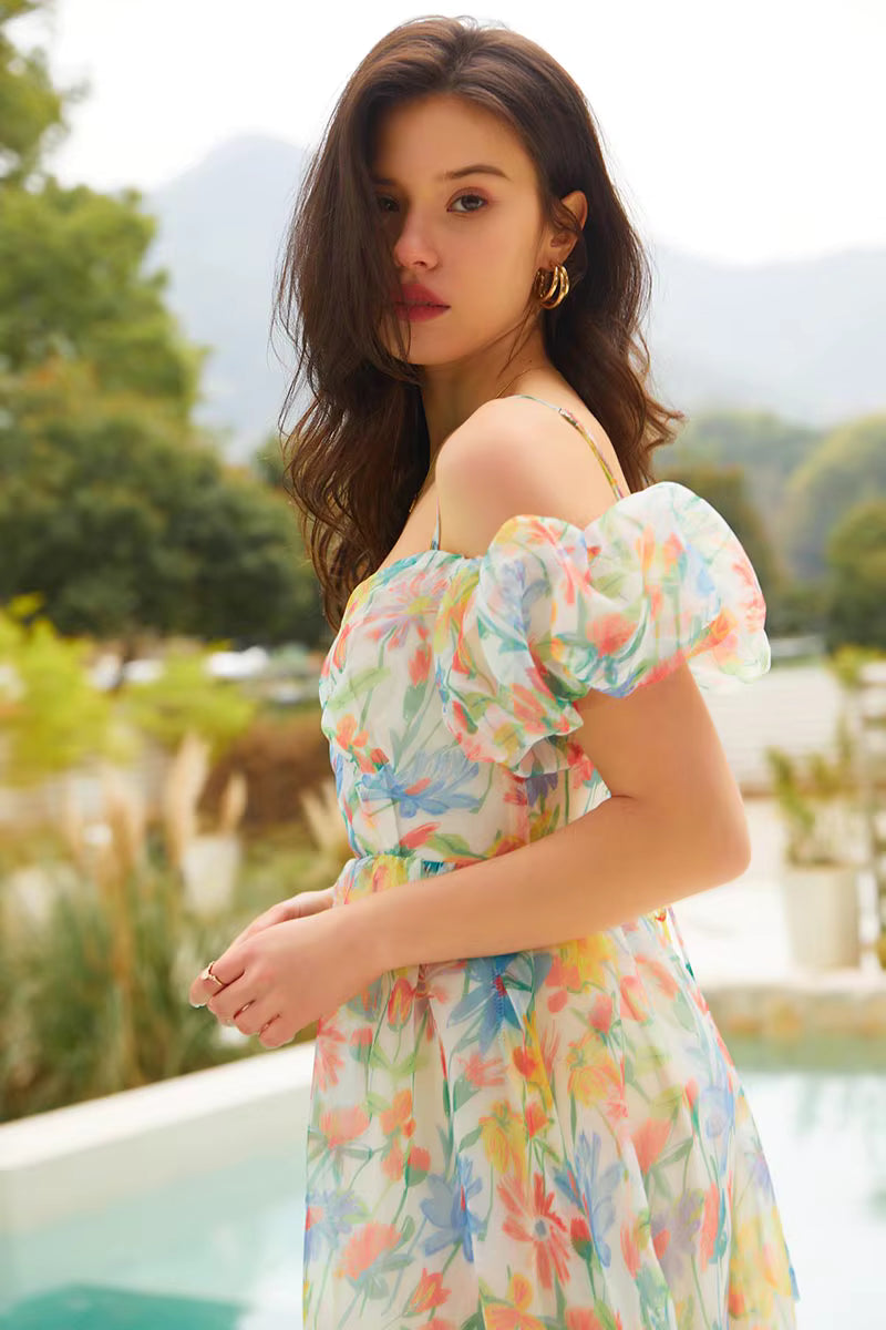 Elegant Rainbow Floral Bandage Beach Style Short Sleeve Boho Midi Sundress