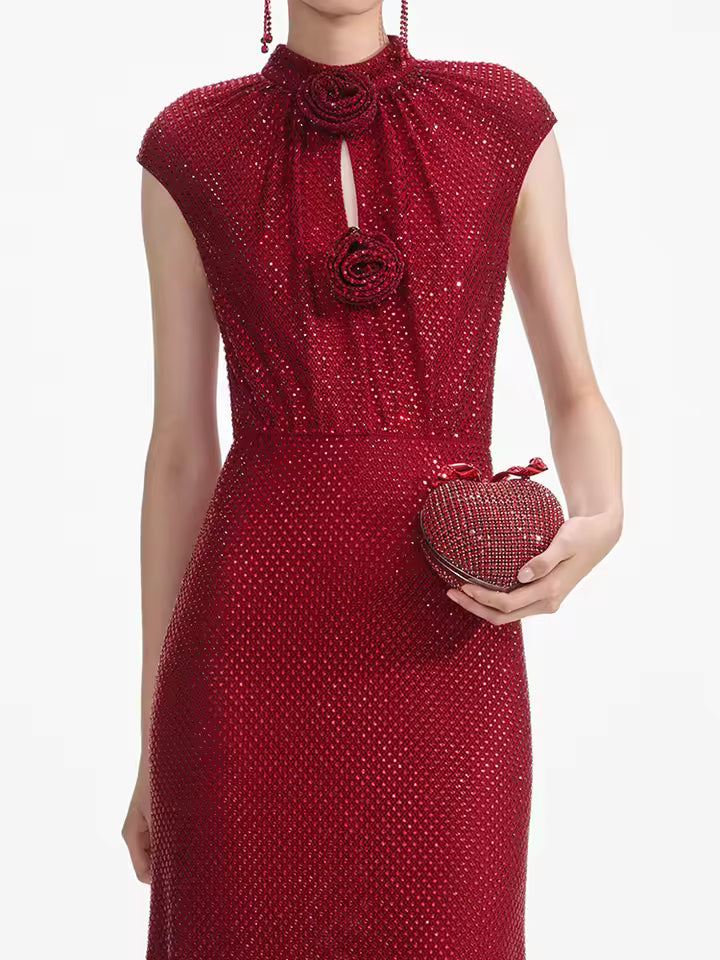 Elegant Crystal Sequin Sleeveless with Floral Embellishments for Gala Evenings Midi Dress