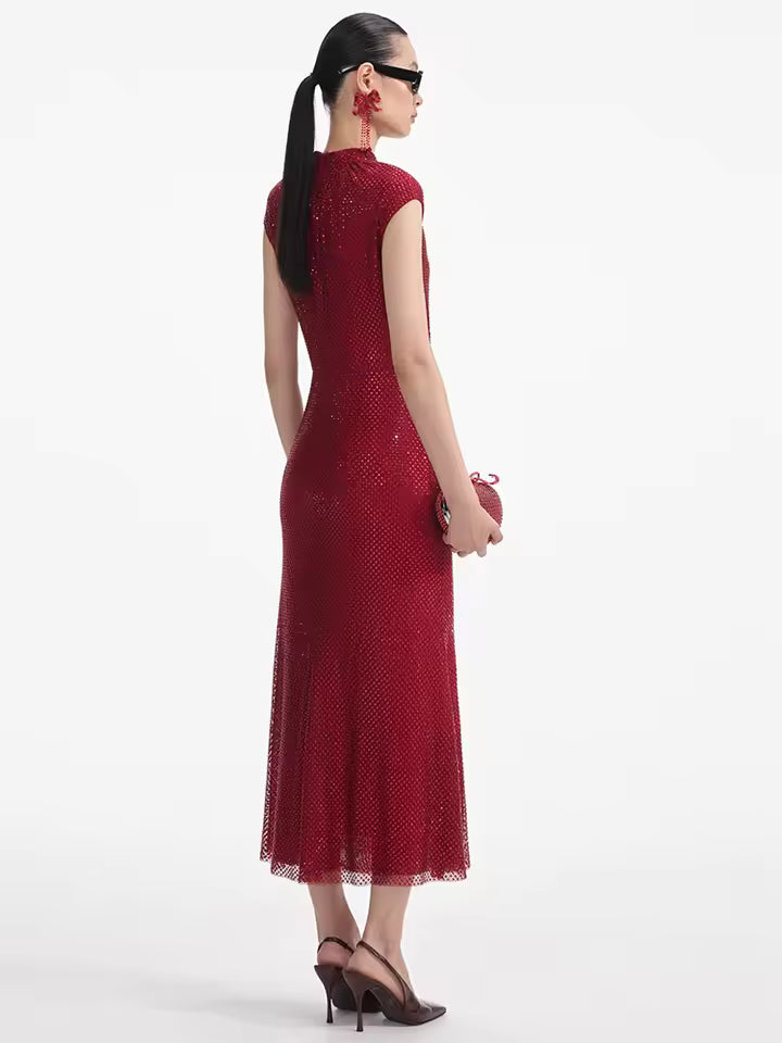 Elegant Crystal Sequin Sleeveless with Floral Embellishments for Gala Evenings Midi Dress