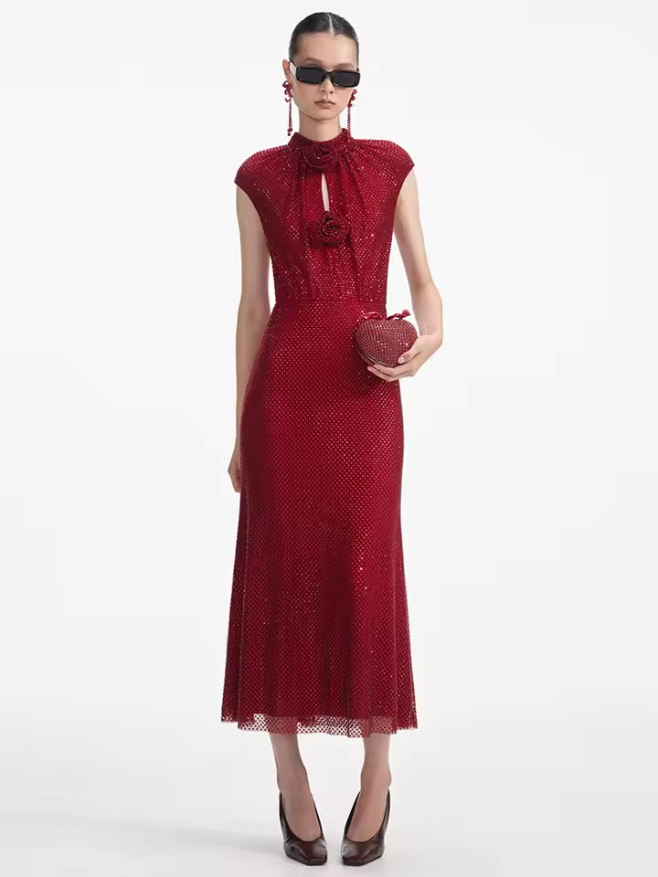 Elegant Crystal Sequin Sleeveless with Floral Embellishments for Gala Evenings Midi Dress