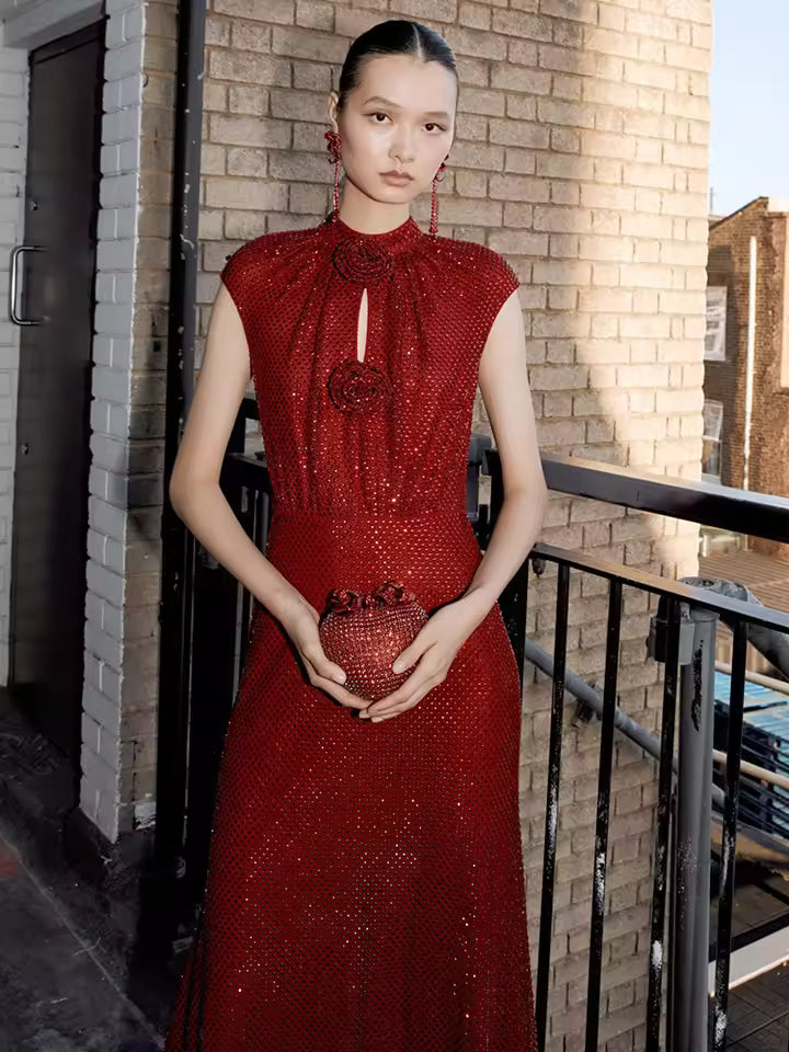 Elegant Crystal Sequin Sleeveless with Floral Embellishments for Gala Evenings Midi Dress
