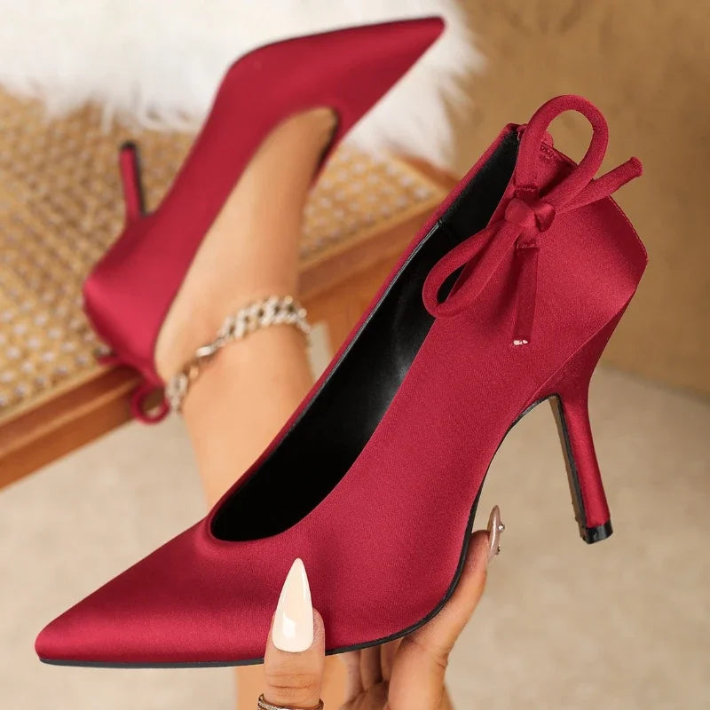 Elegant Red Satin Bow Pumps Pointed Toe Shallow Thin Heel
