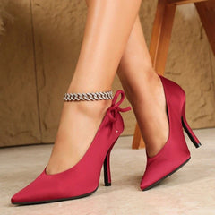 Elegant Red Satin Bow Pumps Pointed Toe Shallow Thin Heel