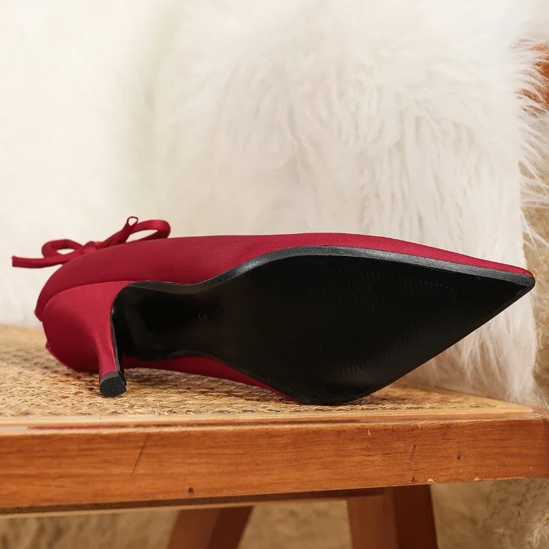 Elegant Red Satin Bow Pumps Pointed Toe Shallow Thin Heel