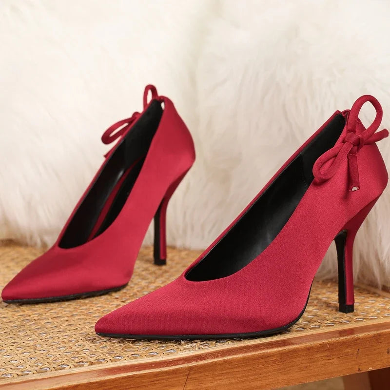 Elegant Red Satin Bow Pumps Pointed Toe Shallow Thin Heel