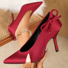Elegant Red Satin Bow Pumps Pointed Toe Shallow Thin Heel