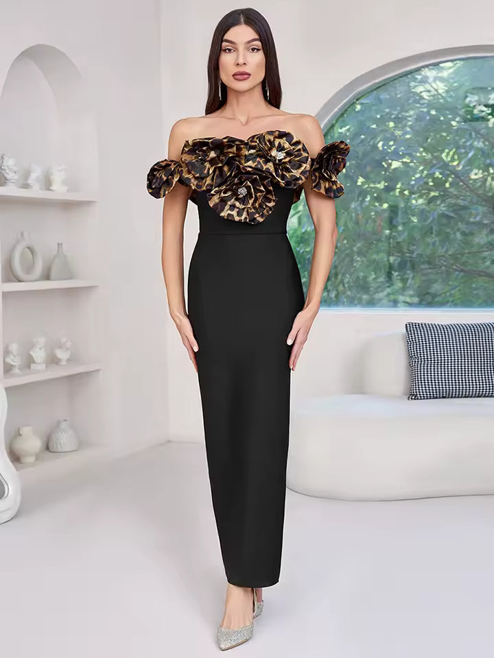 Elegant Refined Off-Shoulder Gown with Leopard Print Accents Events Evening Maxi Dress