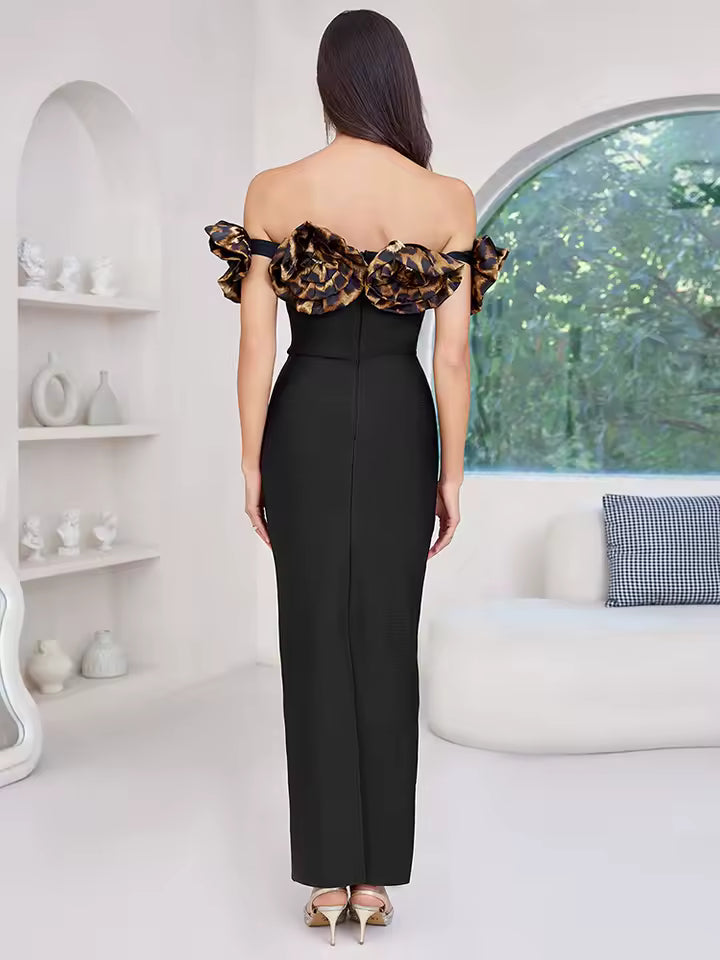 Elegant Refined Off-Shoulder Gown with Leopard Print Accents Events Evening Maxi Dress