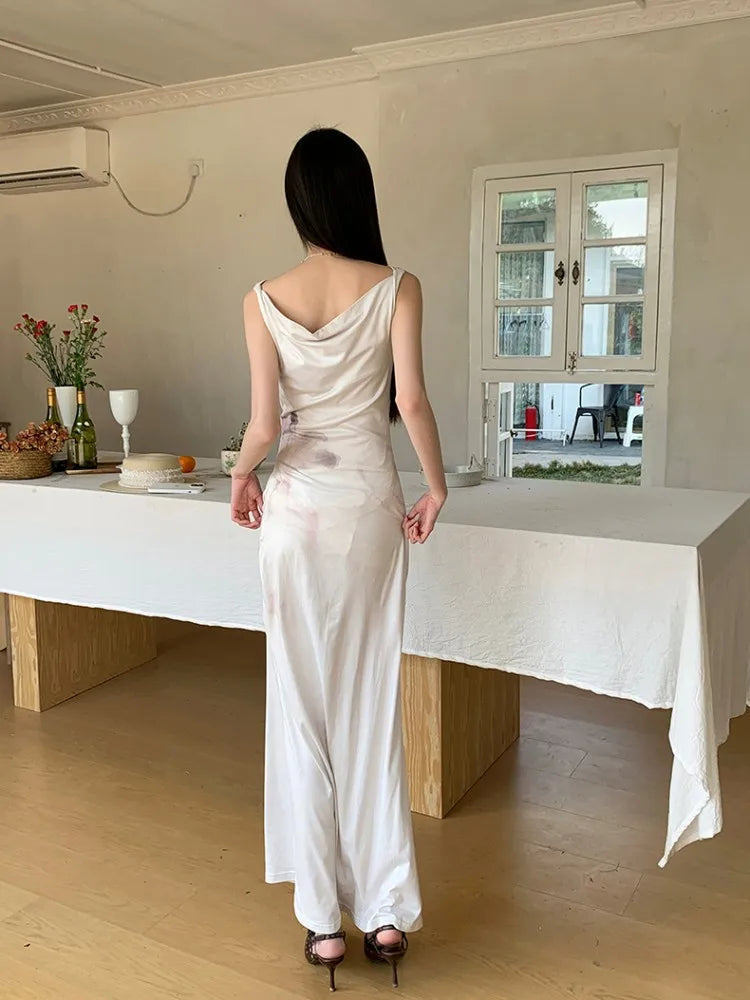 Elegant Retro Printed High-End Custom Stretch Fabric With Split Flower Watercolor Dress