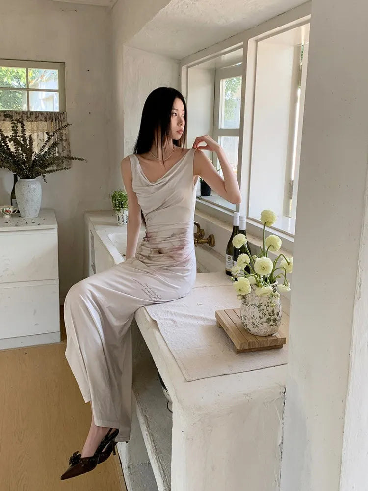 Elegant Retro Printed High-End Custom Stretch Fabric With Split Flower Watercolor Dress