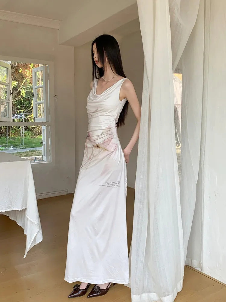 Elegant Retro Printed High-End Custom Stretch Fabric With Split Flower Watercolor Dress